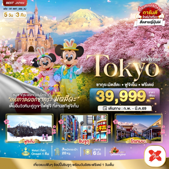ทัวร์ญี่ปุ่น มหัศจรรย์  TOKYO ซากุระมัตสึดะ ฟูจิเท็น ฟรีเดย์ 5 วัน 3 คืน